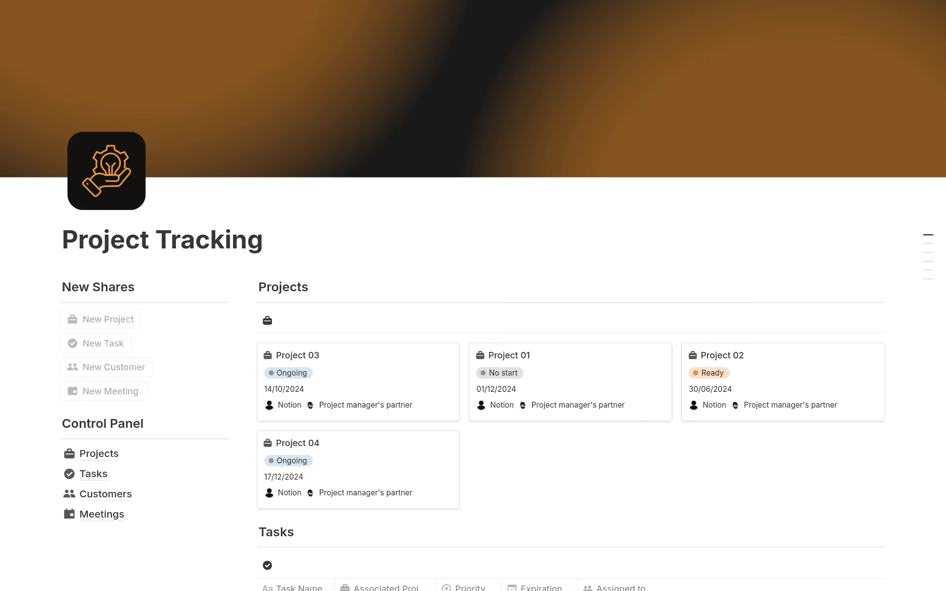 Notion’s project tracking template, showing project cards and a control panel for tasks, customers, and meeting notes.