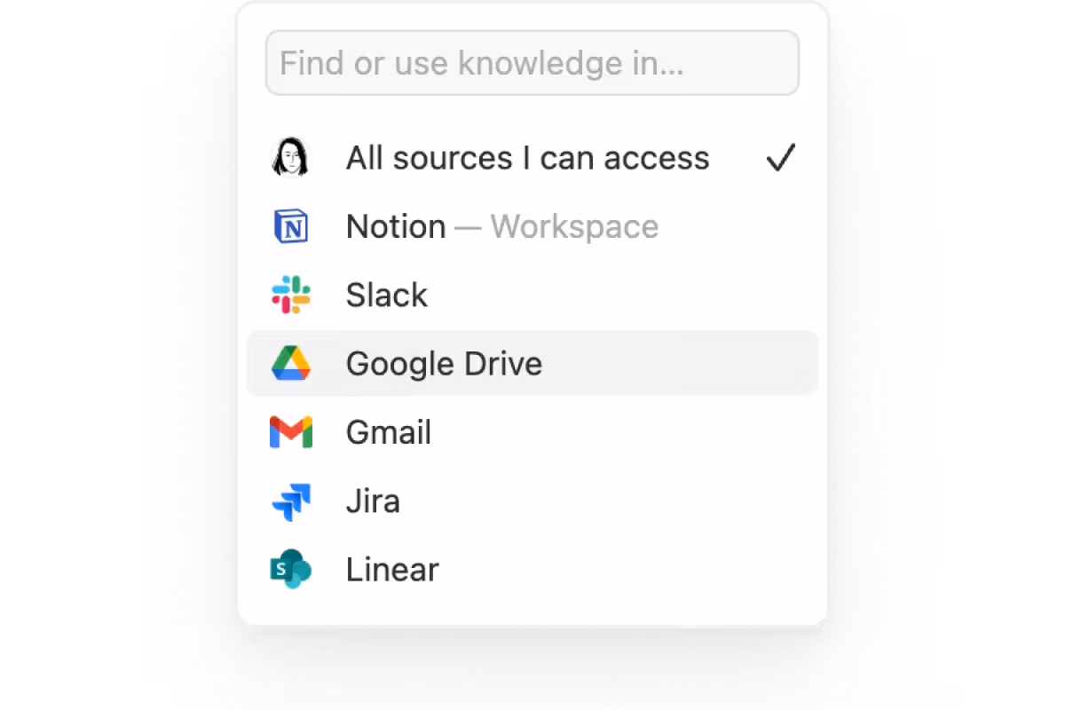 A drop-down of the source options that are available in Notion’s Enterprise Search feature.
