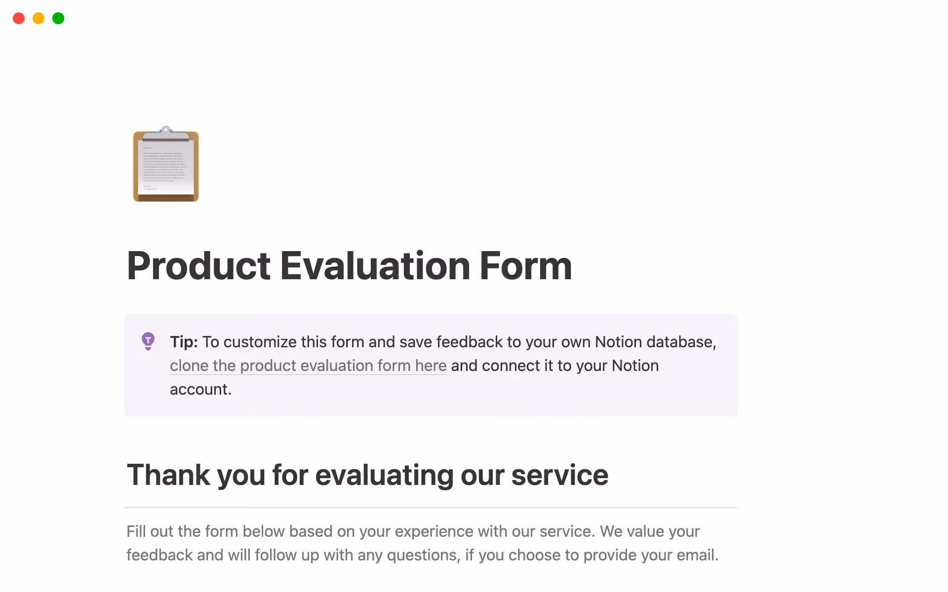 Notion’s product evaluation form template