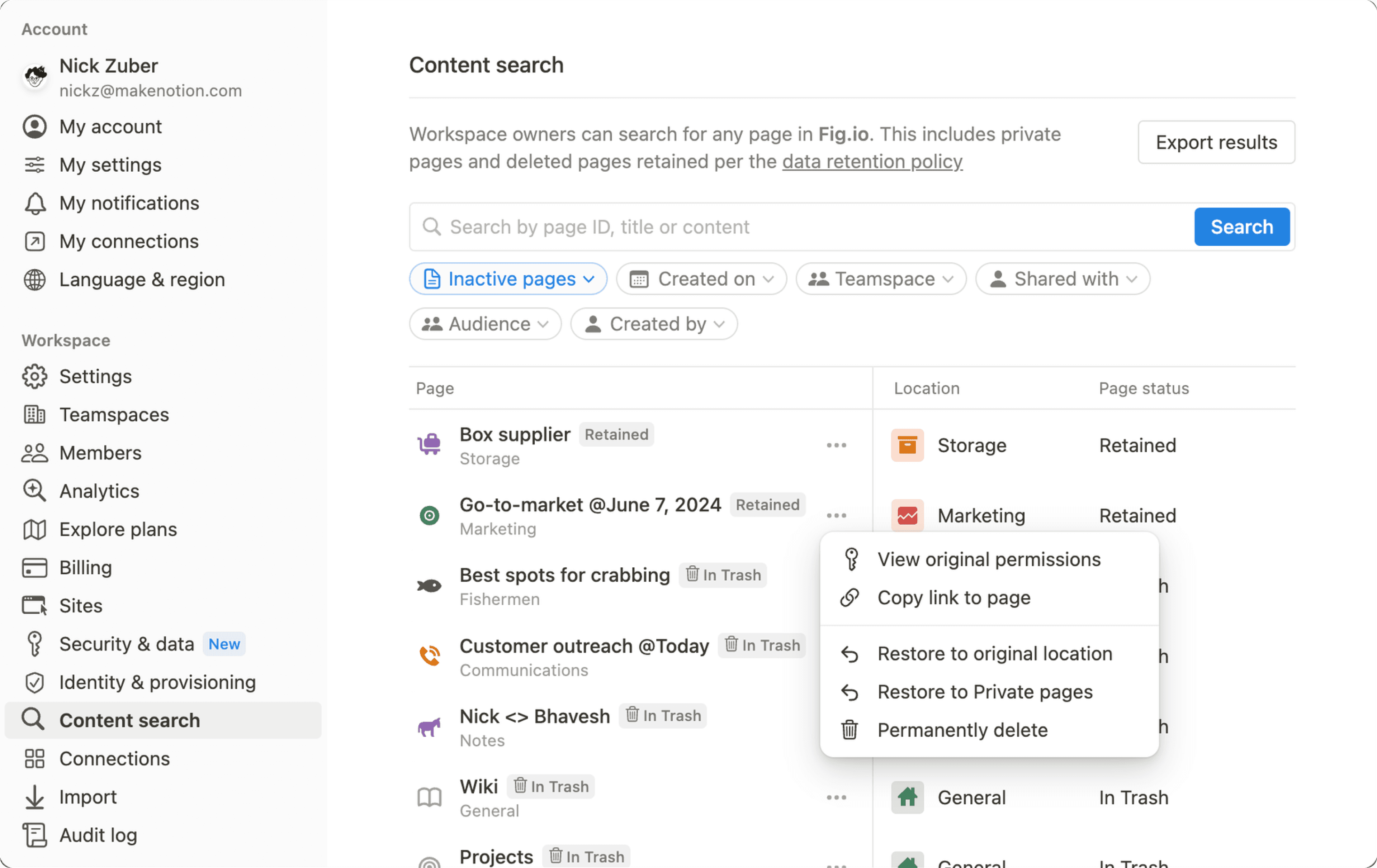 Search deleted and retained pages