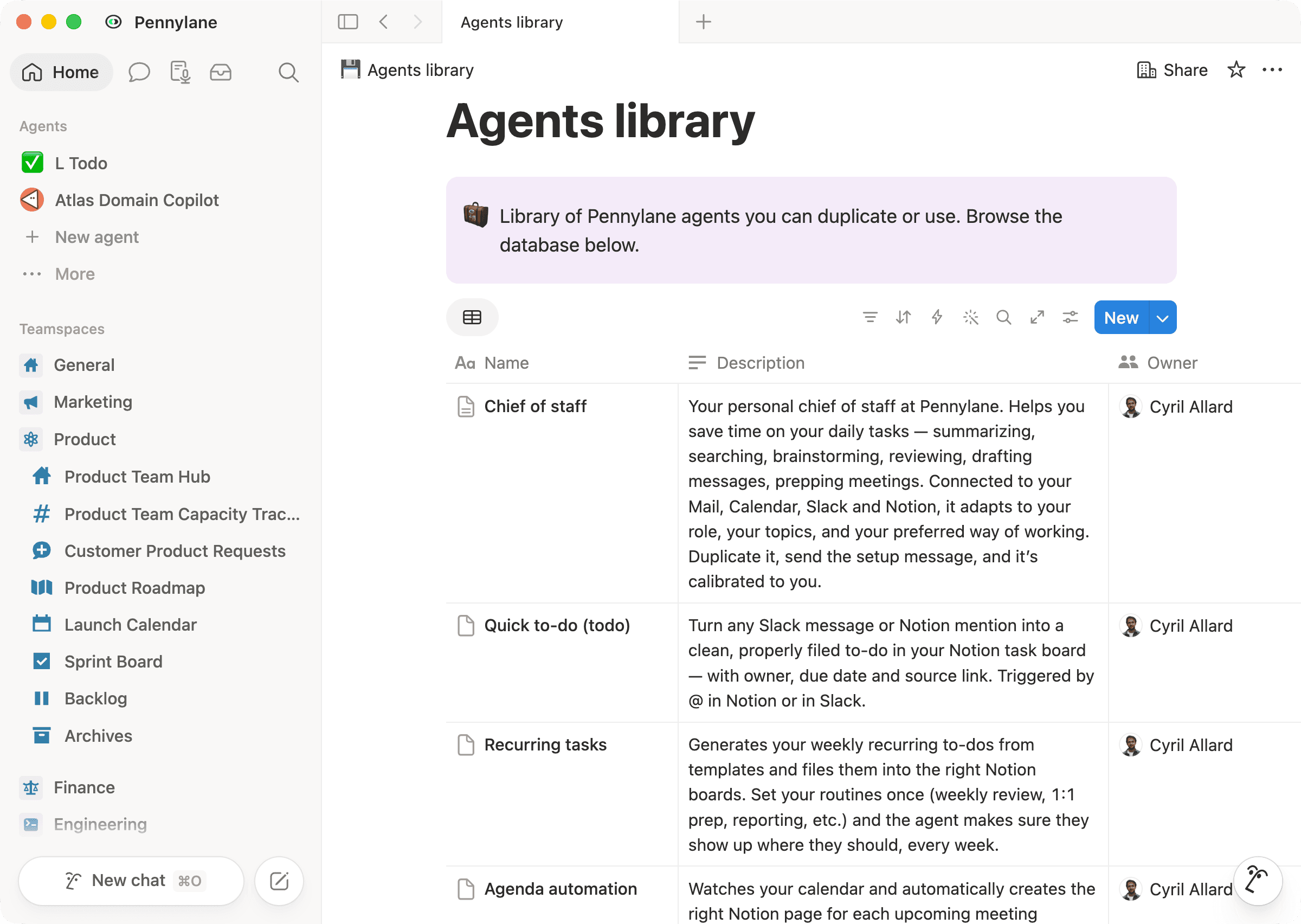 Pennylane's Agents library holds ready-to-duplicate Custom Agents—like Chief of Staff, Quick to-do, and Recurring tasks—so anyone can grab one that's already built instead of starting from scratch.