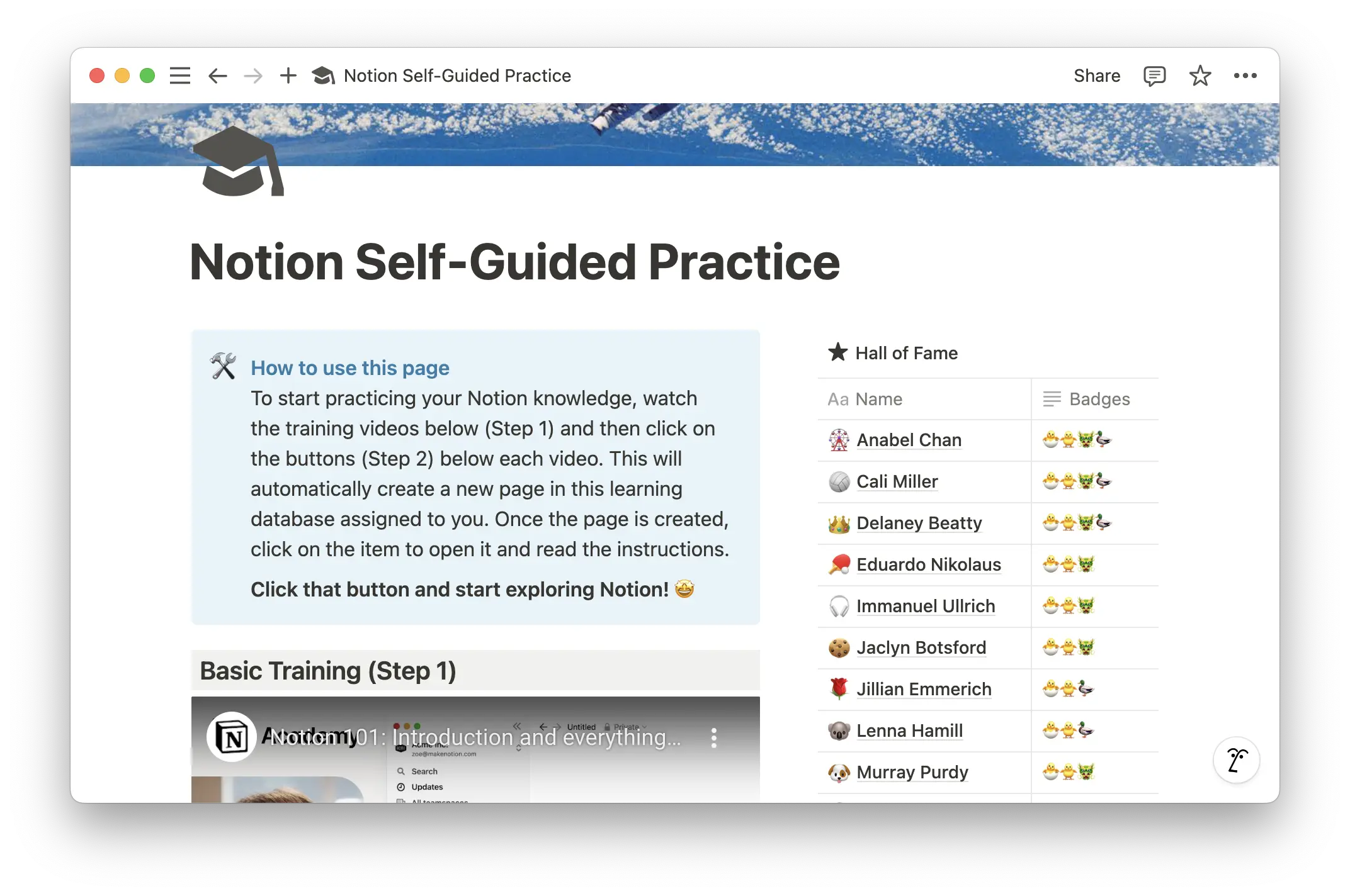 ecosio created a self-guided training page for employees to learn how to use Notion, gamifying the experience with badges and a friendly competition.